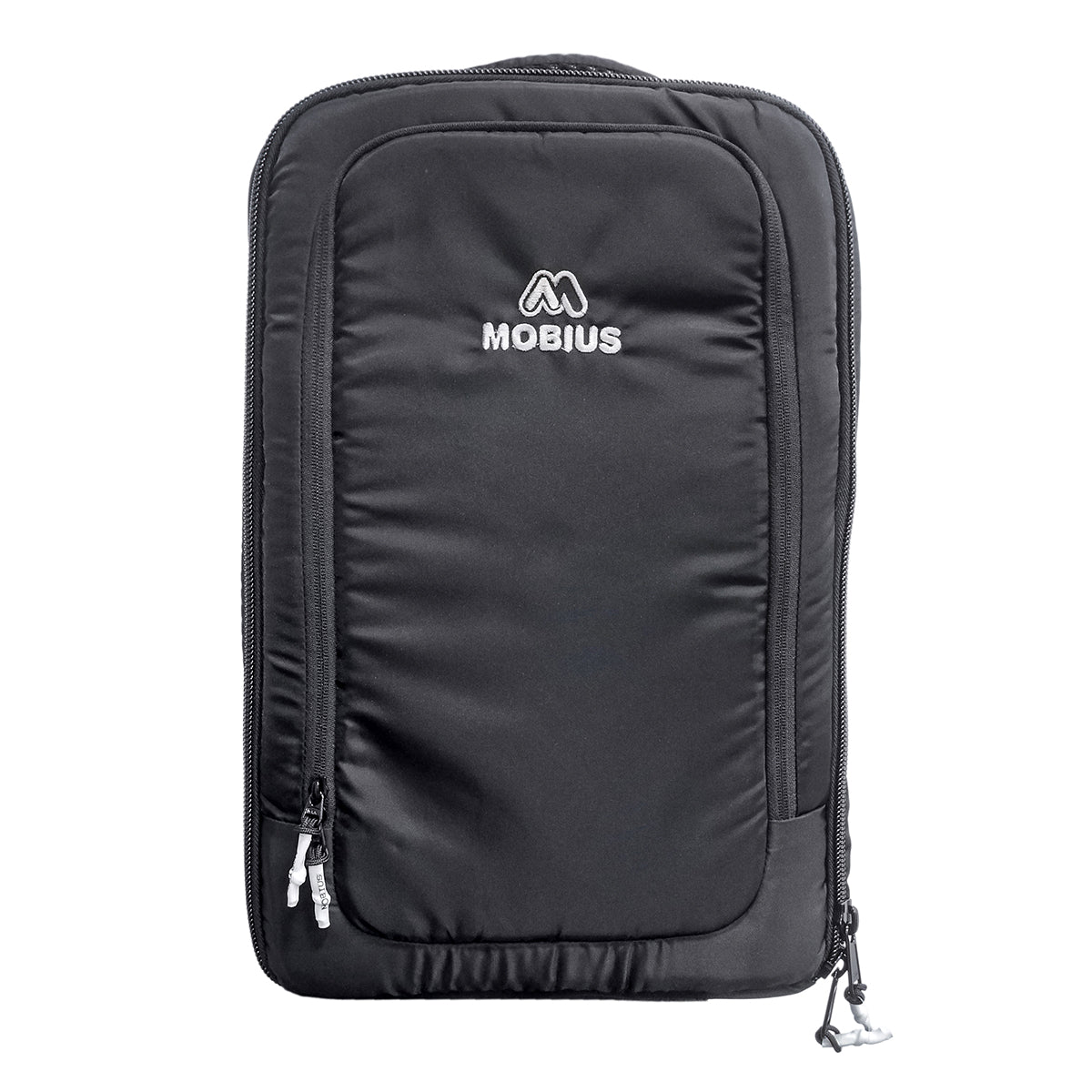 Mobius Bunker DSLR backpack, black, front view with Mobius logo